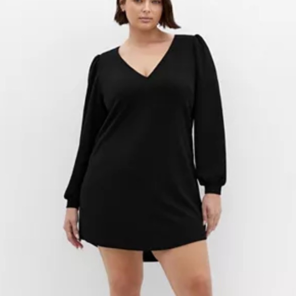 City Chic Quiero Black Puff Sleeve Shift Dress Size XL / 22 Long Sleeve V-Neck
